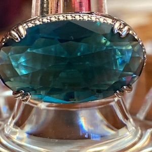 NEW Created Large Teal Blue Glass & CZ Silver Plated 925 RING
